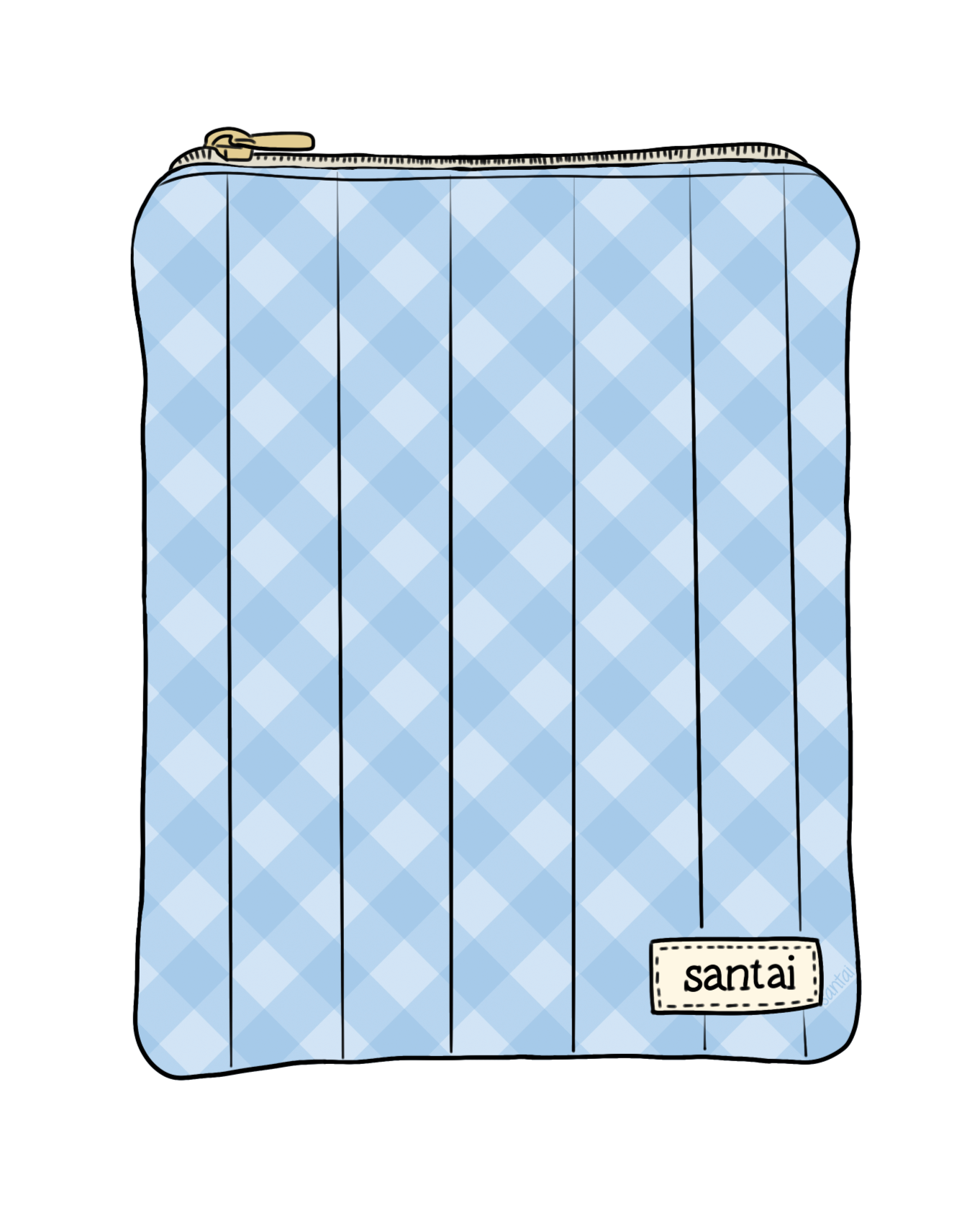 Blue checkered pouch with a brand label on a white background