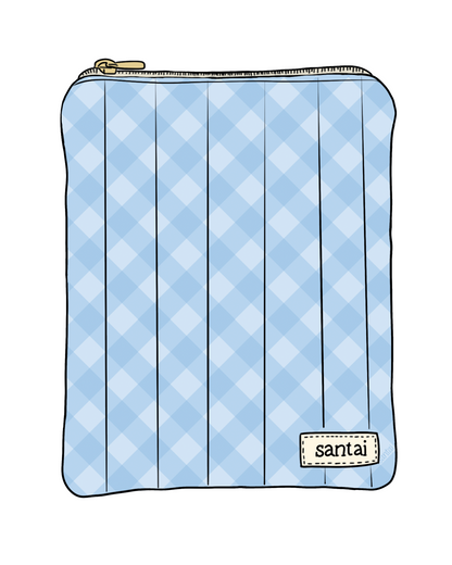 Blue checkered pouch with a brand label on a white background