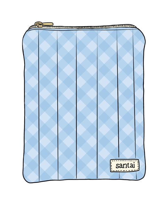 Blue checkered pouch with a brand label on a white background