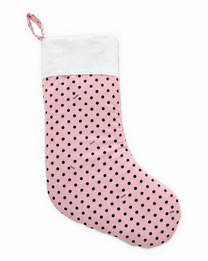 Dottie Christmas stocking with classic cuff and plain white embroidery panel. Customer-supplied alternative cuff image.