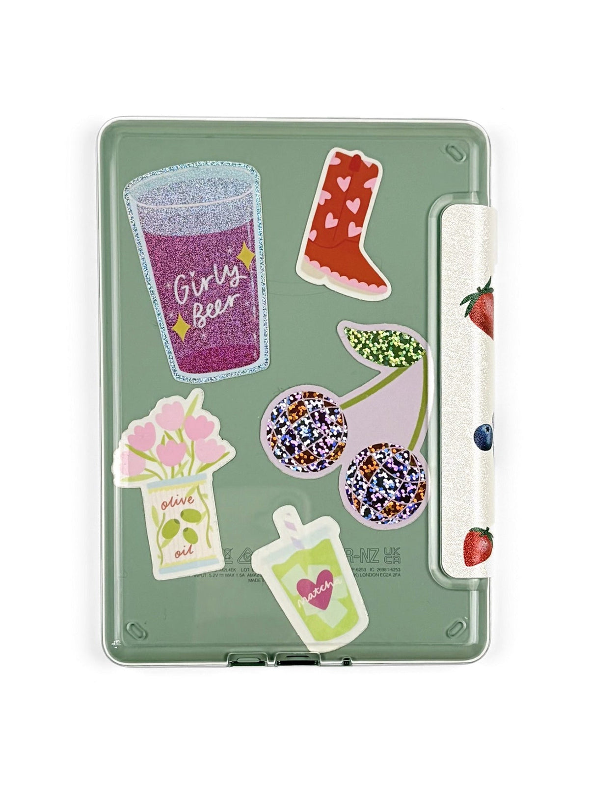 Clear back Kindle case decorated with stickers, example styling