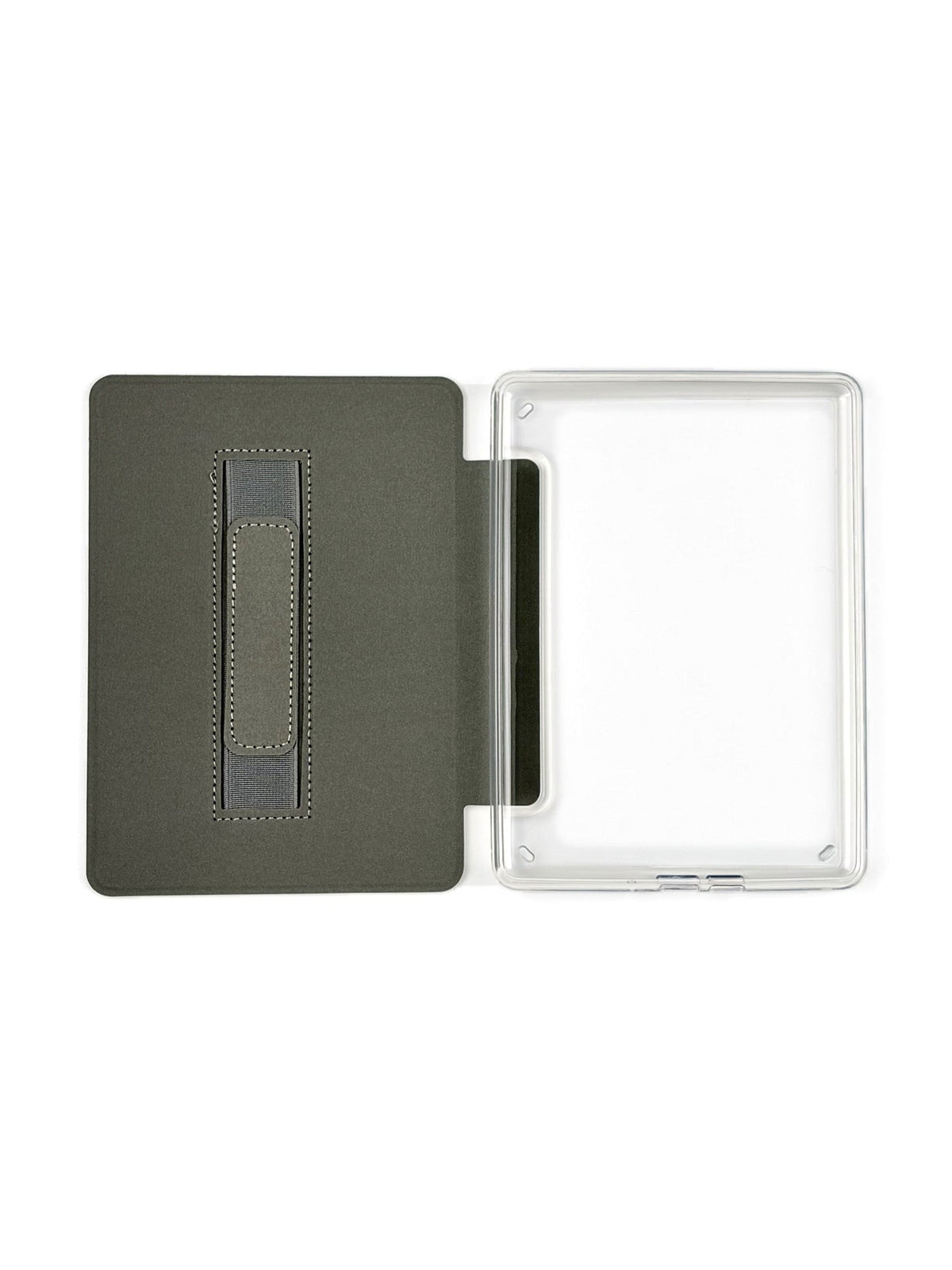 Hard cover Kindle case open, showing empty clear shell and hand strap
