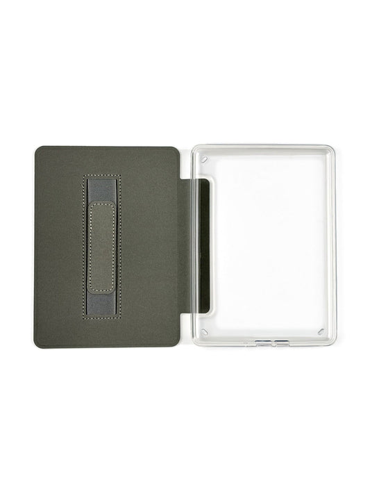 Hard cover Kindle case open, showing empty clear shell and hand strap