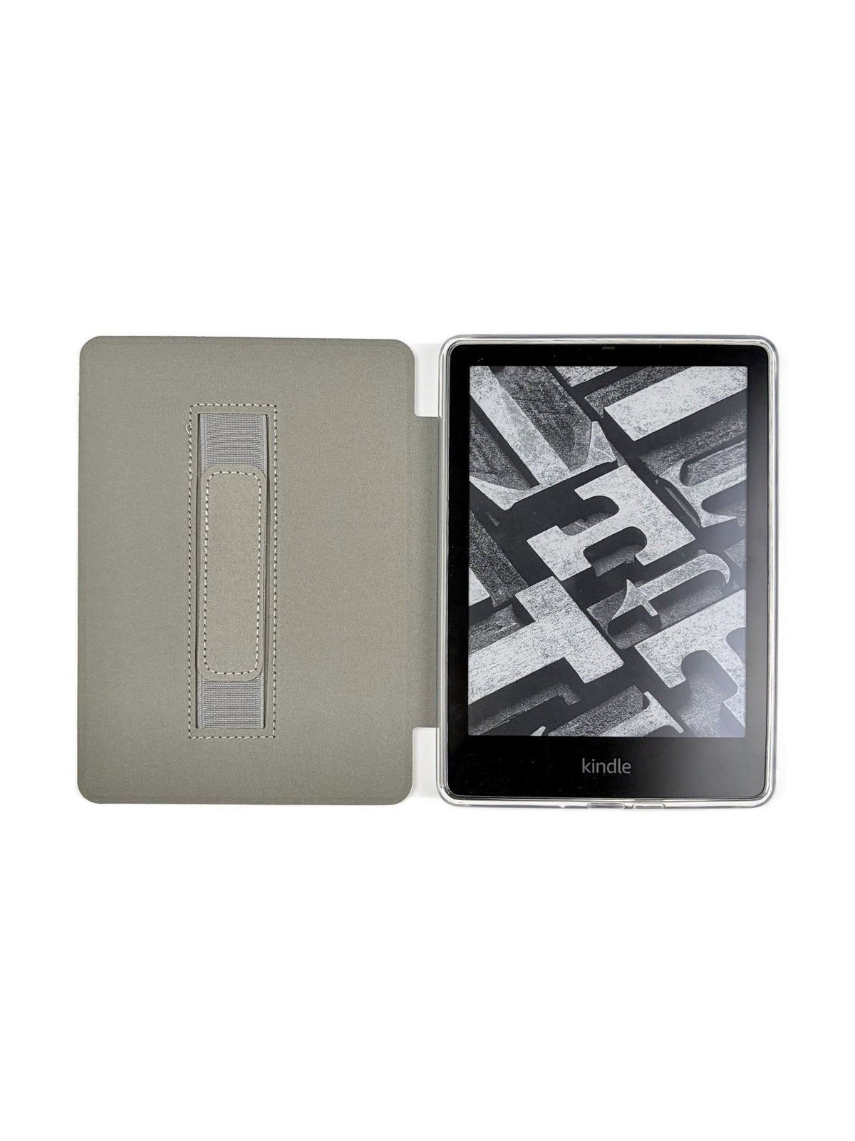 Hard cover Kindle case open with Kindle inside