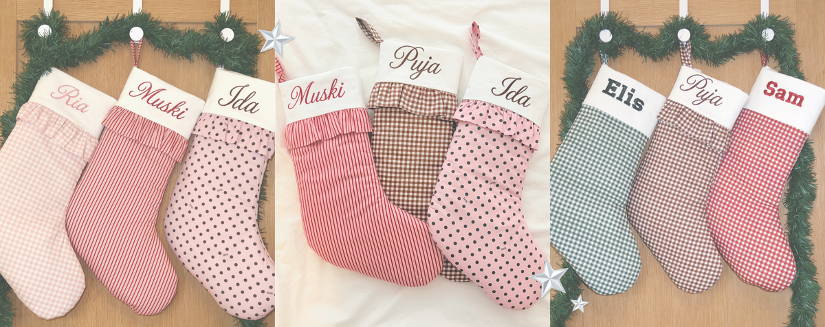Personalised Santai Christmas stockings in six gingham, stripe and polka dot prints